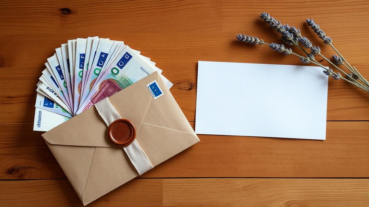 Koliko denarja dati za poroko Evrski bankovci v pahljači ob kraft kuverti z voščenim pečatom, prazna bela voščilnica in suha sivka na leseni mizi
