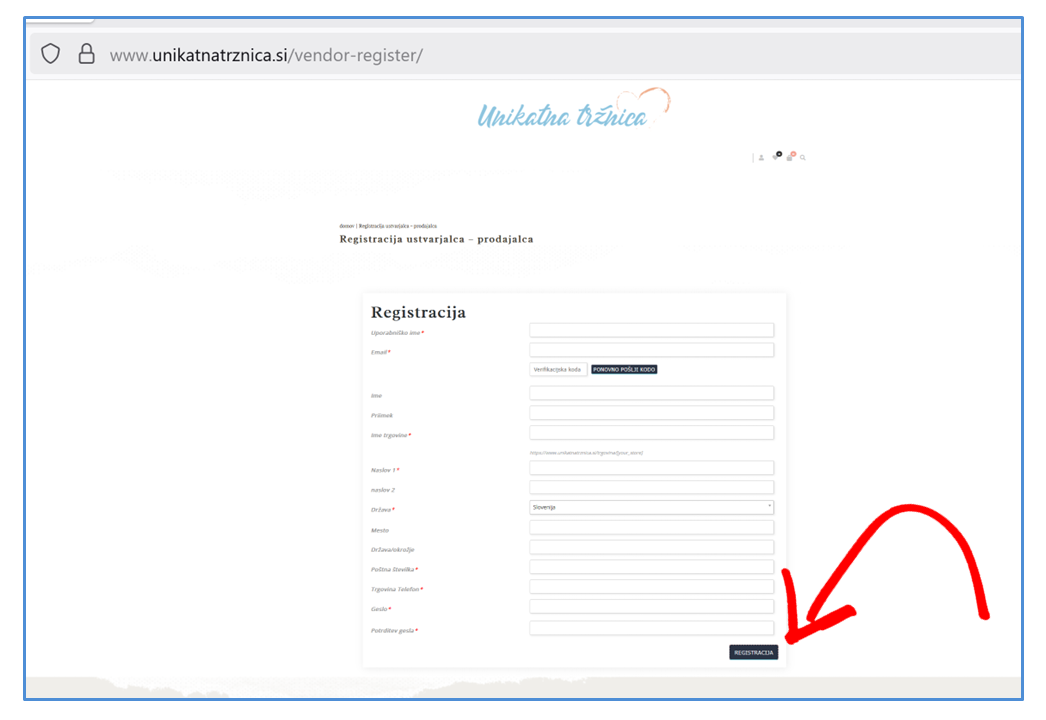 Registracija ustvarjalca Unikatna Tržnica