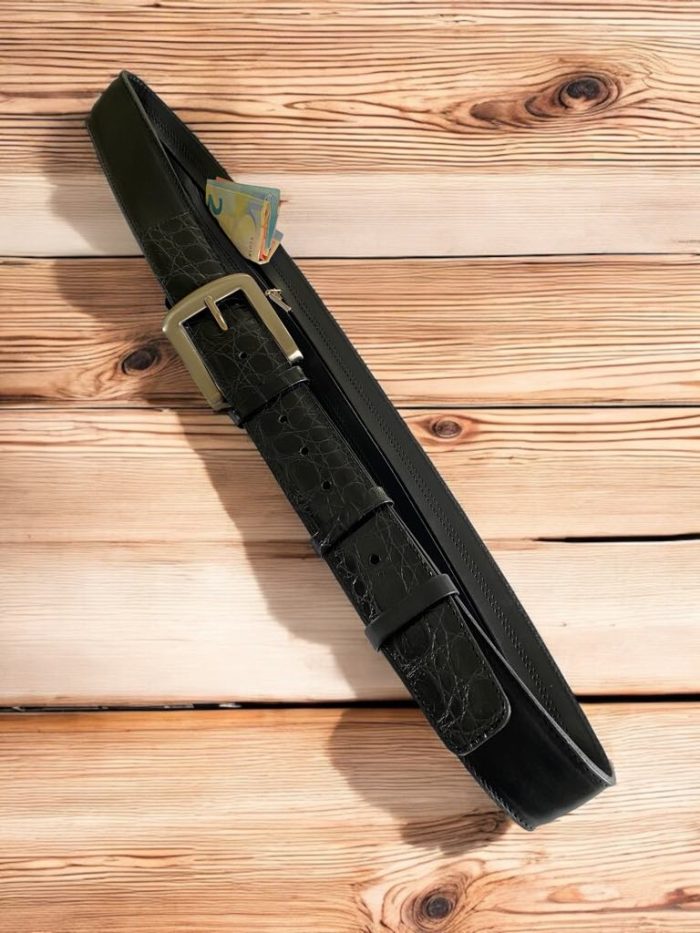 Usnjeni pas črni Krokodil s skrito zadrgo 4,3 cm