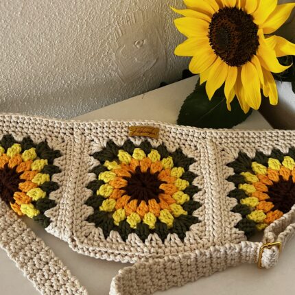 Kvačkana enoramna torbica, bombažna, model sončnice