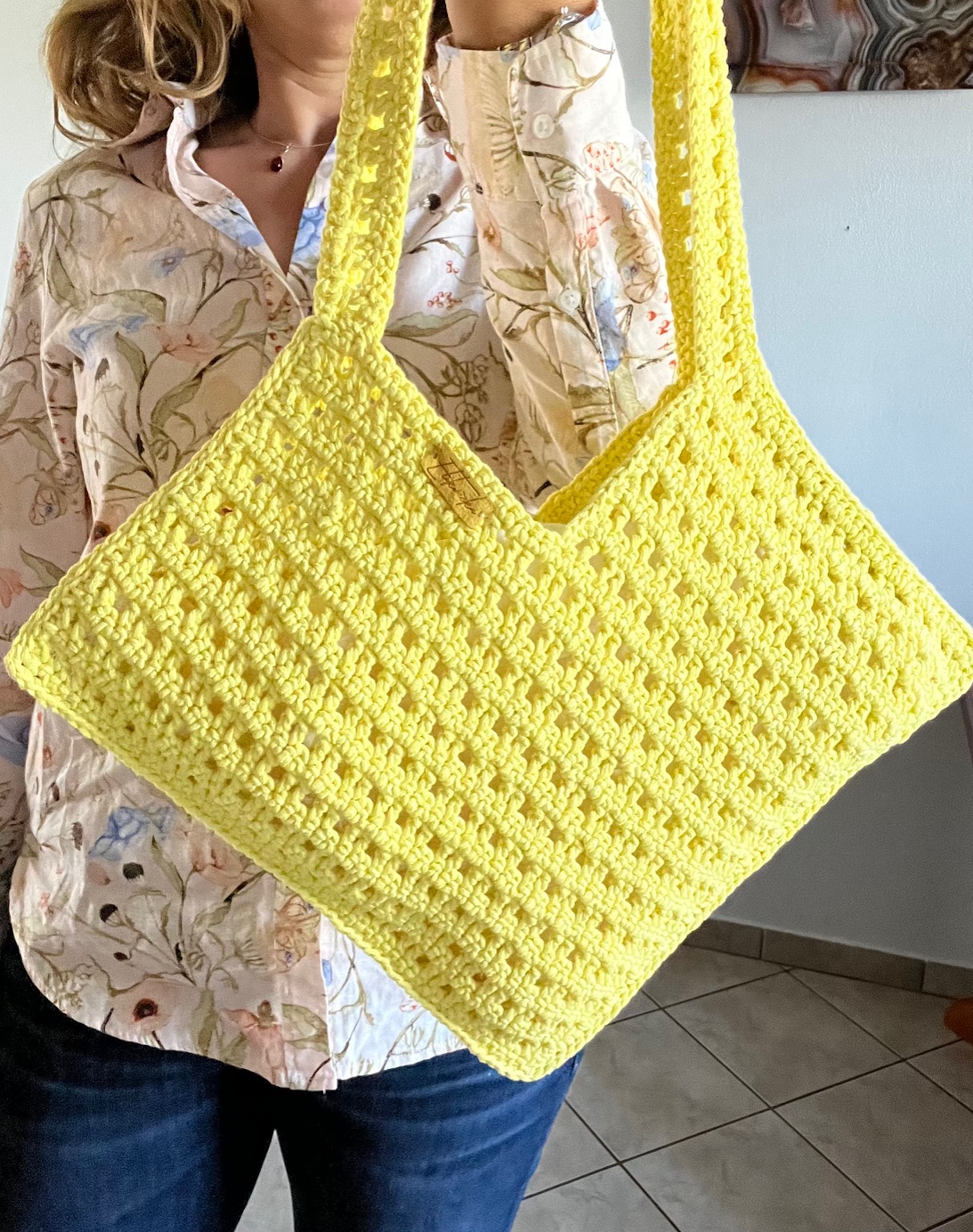 Kvačkana torbica v rumeni ali modri barvi, bombažna - slika 8