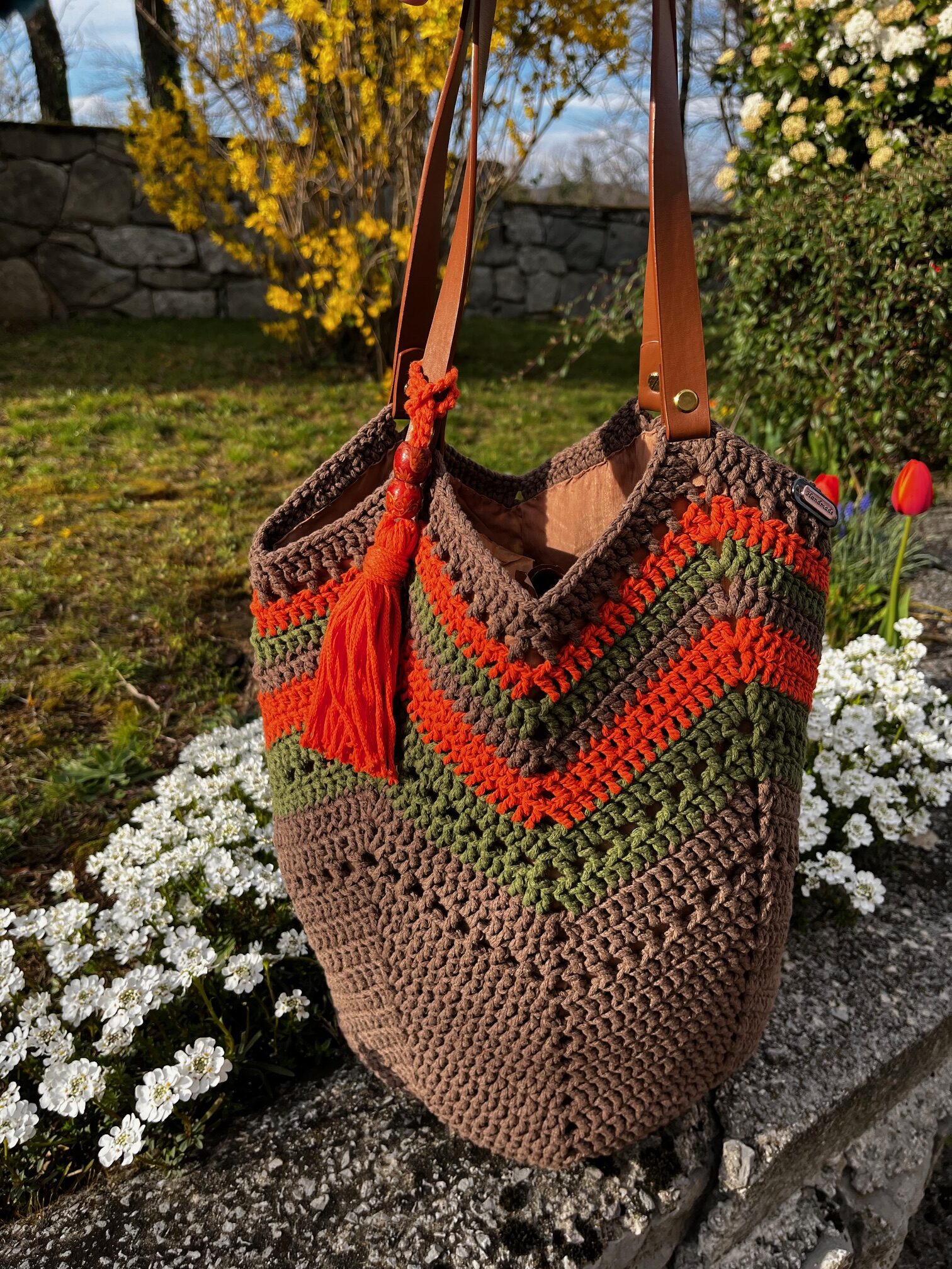 Ročno kvačkana torbica, bombažna, rjav odtenek