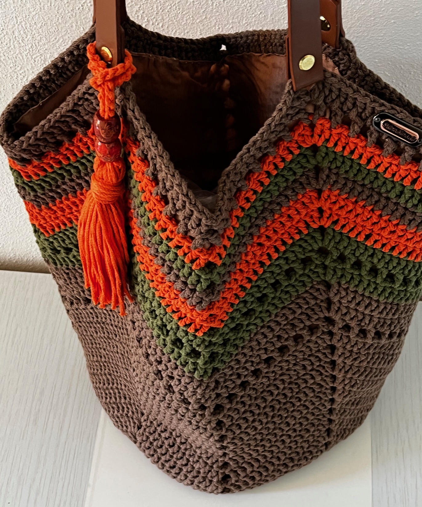 Ročno kvačkana torbica, bombažna, rjav odtenek - slika 4